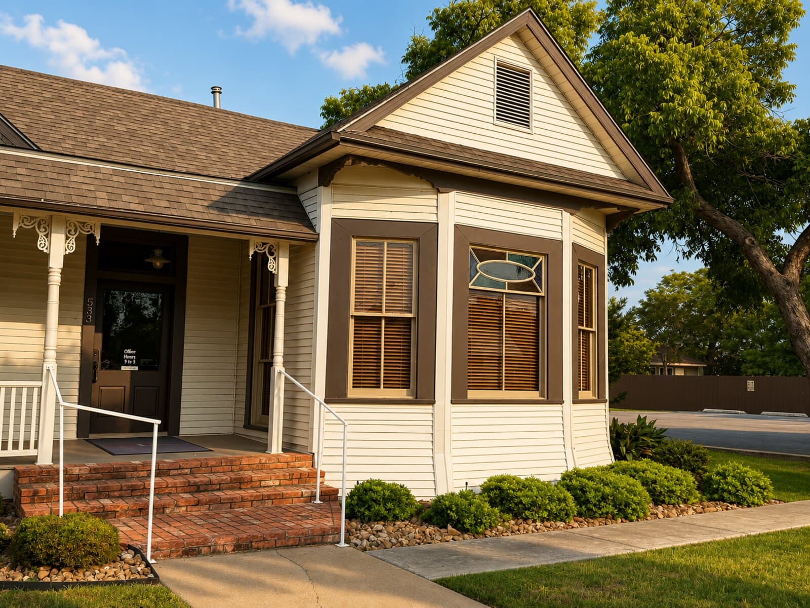 WKI office entrance at 533 E. Court Street — covered porch, brown brick steps, 'Office Hours 9 to 5' sign on the door, bay window with stained-glass oval, golden-hour Seguin light